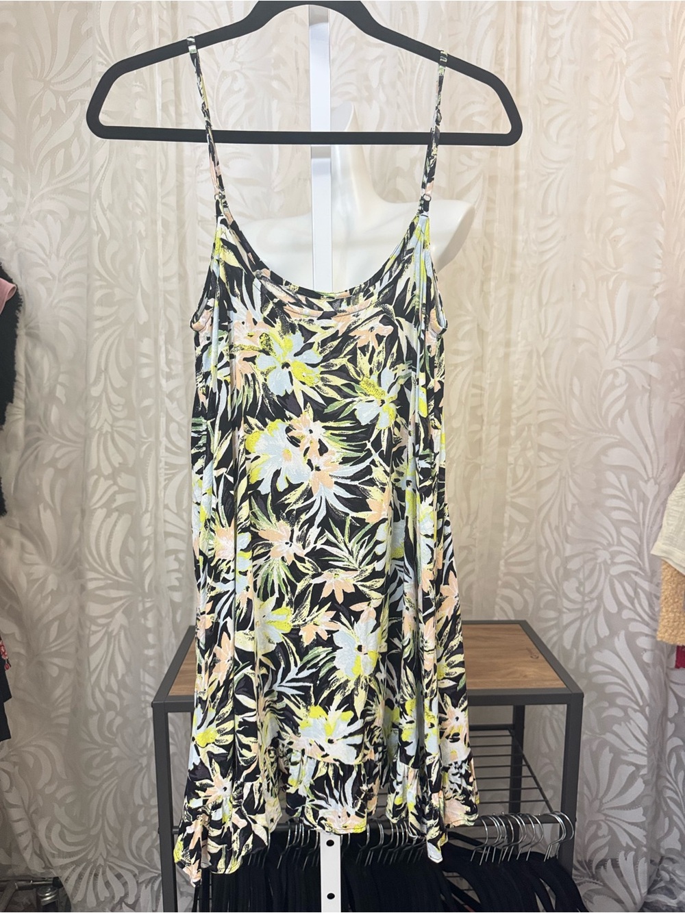 Volcom Black Floral Mini Tank Sun Dress with Yellow White & Peach Accents